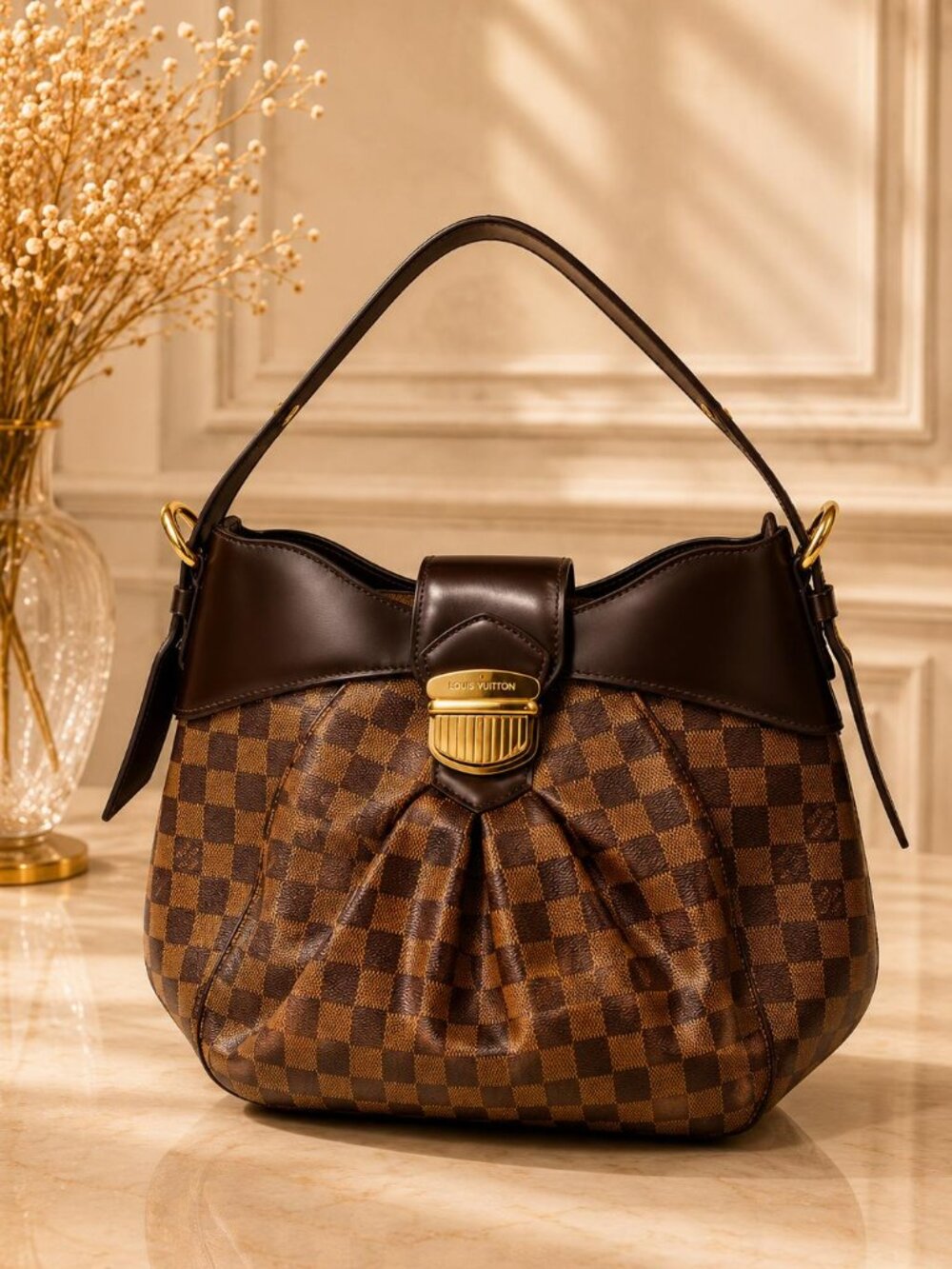 Authentic Louis Vuitton Sistina PM Damier Ebene Shoulder Bag Gold Hardware